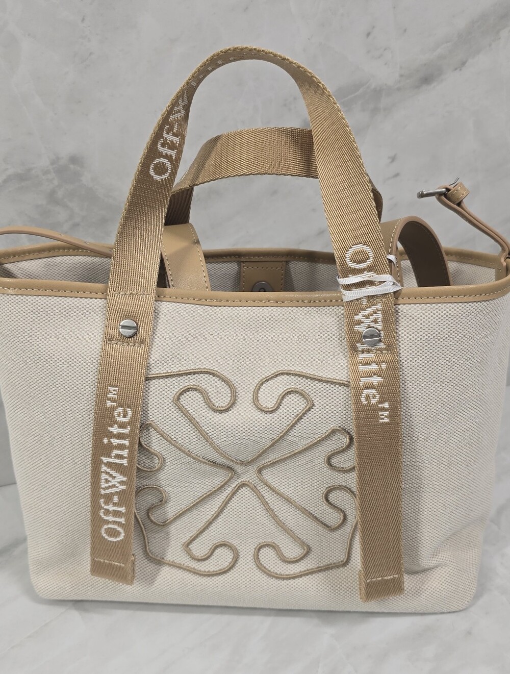 Off-White Cream & Beige Canvas Tote with Signature Logo